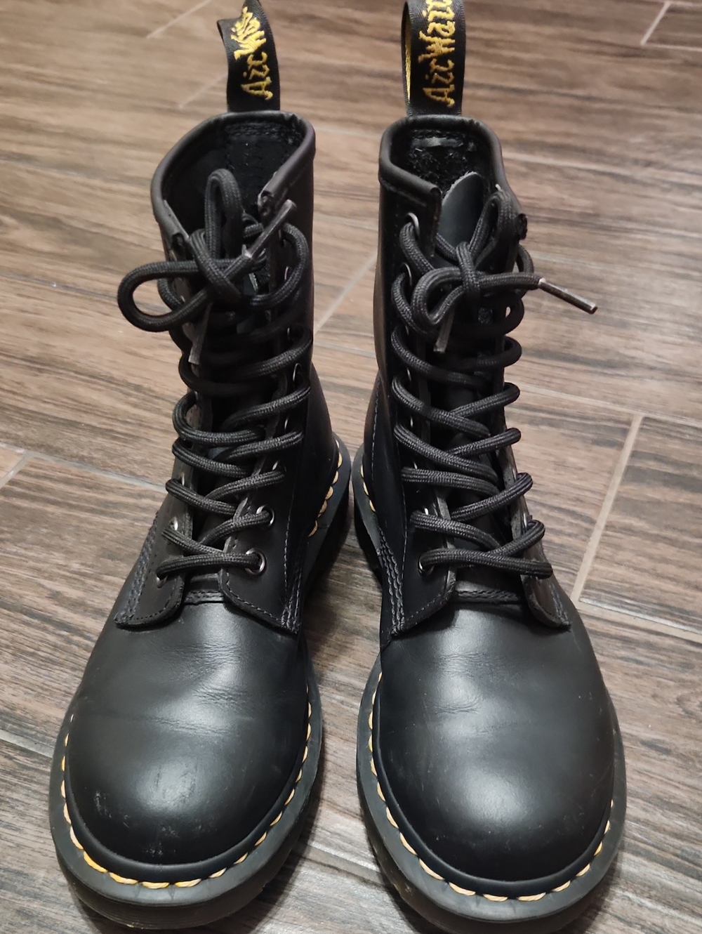 Dr. Martens Black Combat Boots with Yellow Stitching